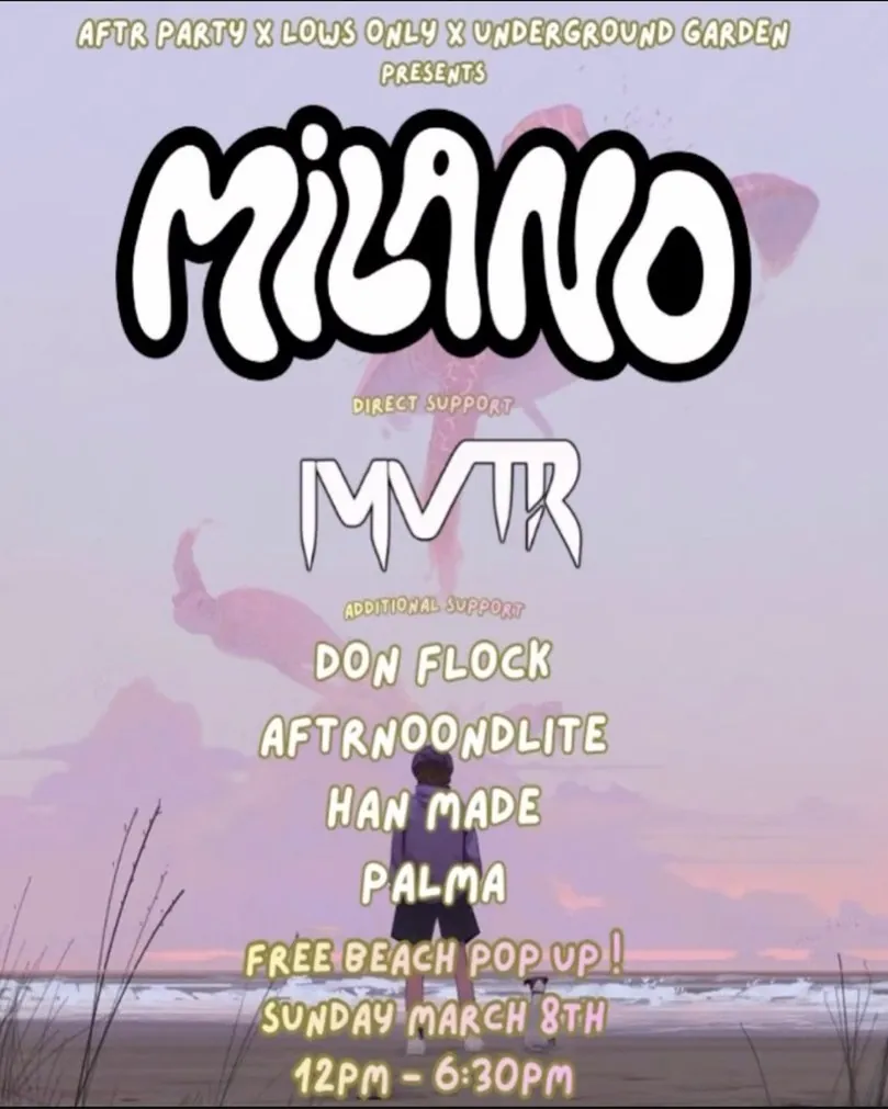 Milano beach pop-up flyer with MVTR, Don Flock, Aftrnoondlite, Han Made, Palma