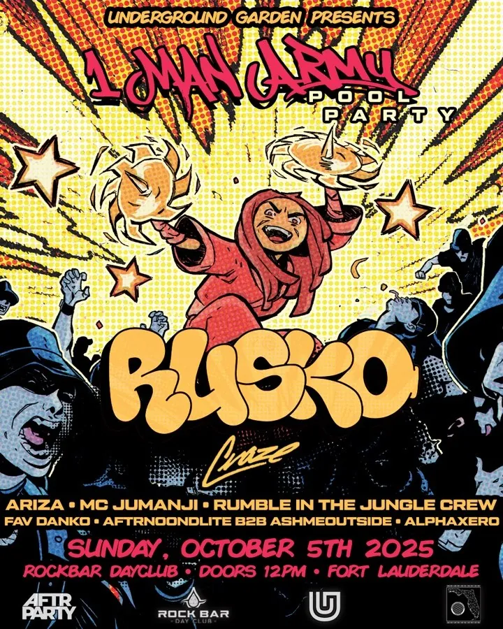 Rusko 1 Man Army pool party flyer at Rockbar Day Club