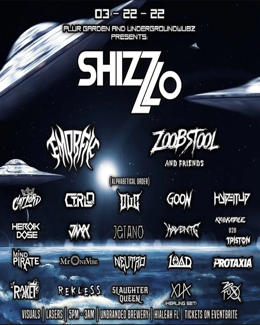 Shizzlo flyer with Emorfik and Zoobstool and Friends