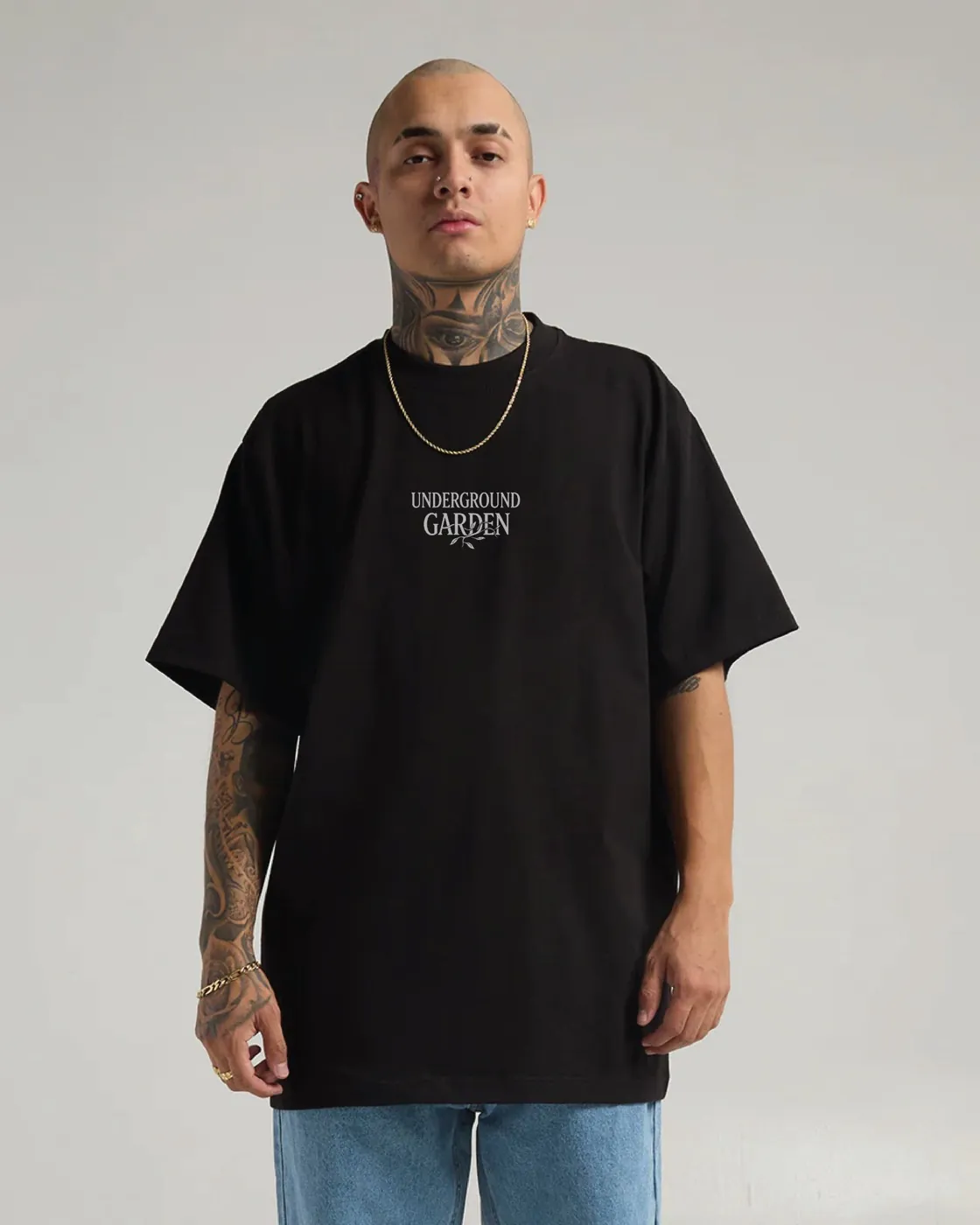 Underground Garden tee, front view, worn